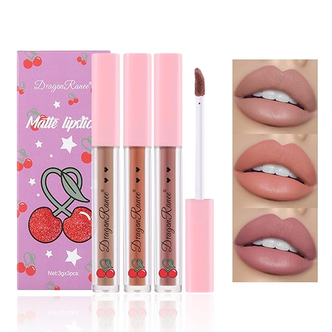 3PCS Matte Nude Lipstick Set Liquid Lipstick Lip Gloss Set,Matte Velvety Lip Stick High Pigmented Lip Tint Lip Stain Set for Daily Makeups - Set D
