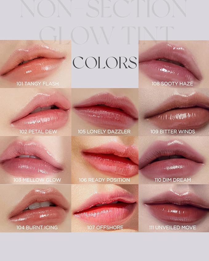 Non-Section Glowy Tint – 108 SOOTY HAZE – Glass Lasting Transparent & Flexible Lip Makeup - Moisturizing Lip Stain for Glossy Finish – Buildable Lipstick for Fuller Looking Lip, 0.18 fl.oz.