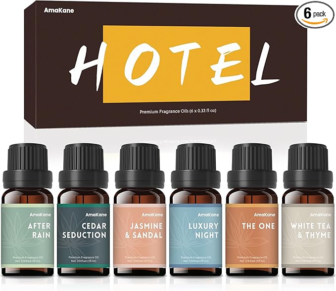 AmaKane Fragrance Oils, Hotel Home Collection Diffuser Oil, Fragrance Oil for Candle Making, Soap Scents for Making Soap, Essential Oils Set 6x10ml, Luxury Night, White Tea&Thyme, Jasmine&Sandal, More