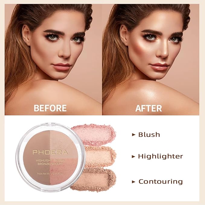 PHOERA Foundation, PHOERA Contour Palette,Shades with Highlighter & Contour/Warm peach+#002)