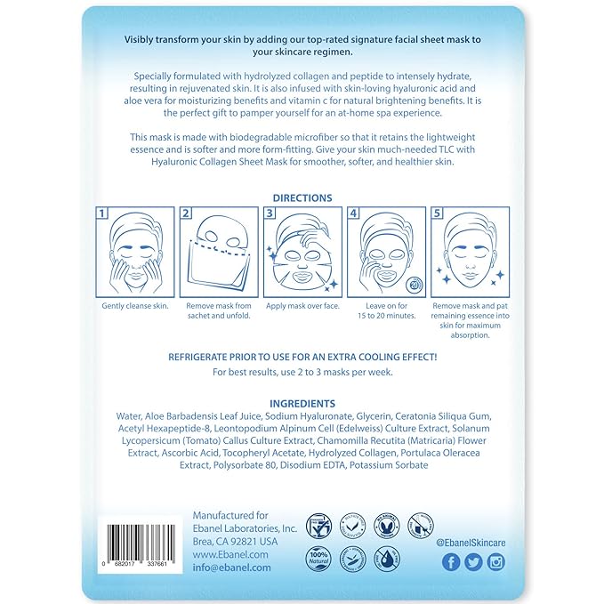 Ebanel 15 Pack Collagen Peptide Hydrating Face Masks, Instant Brightening Firming Anti Aging Face Sheet Masks, Moisturizing Spa Facial Mask Skincare with Hyaluronic Acid, Vitamin C, Chamomile, Aloe
