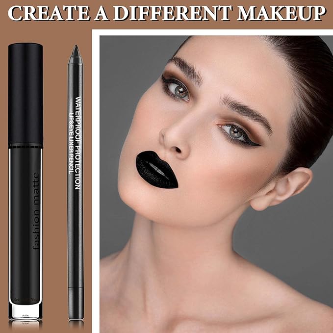 Black Matte Liquid Lipstick,2 Pcs Lip Liner Gloss