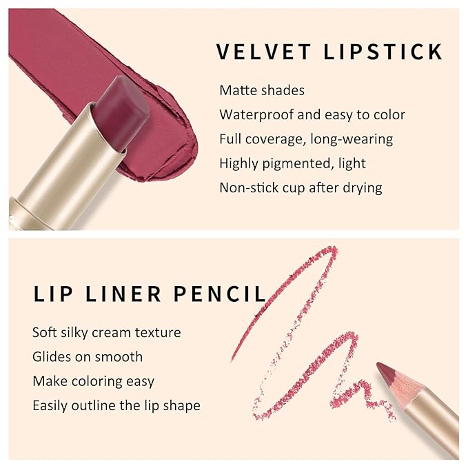 Boobeen 2 Pcs Lip Liner and Lipstick Set, Ultra-Long-Lasting