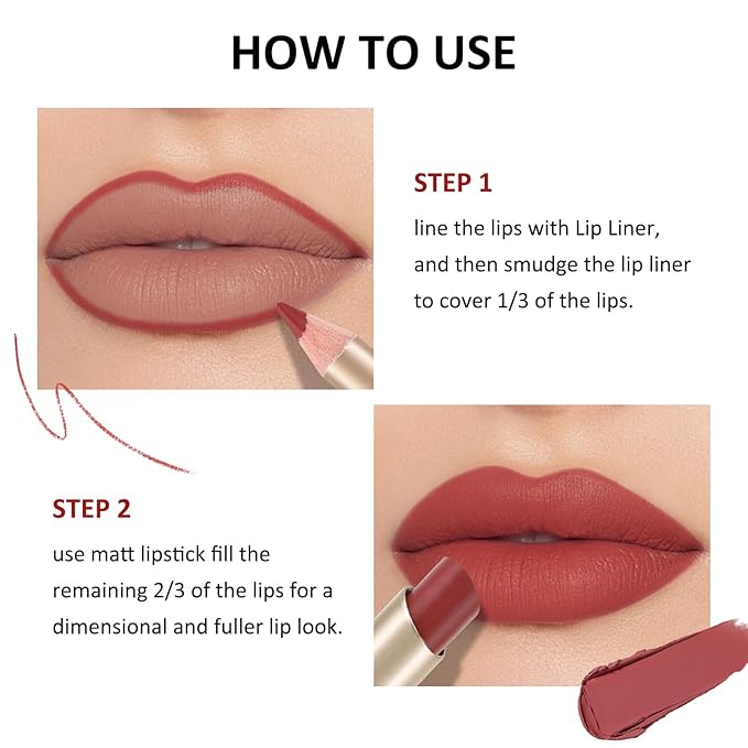 Boobeen 2 Pcs Lip Liner and Lipstick Set, Ultra-Long-Lasting