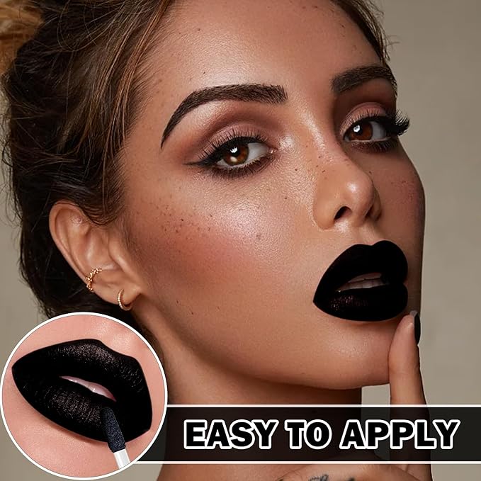 3 in 1 Lipstick and Lipliner Set,Lip Liner and Lipstick Set 3Pcs,Black Matte Lipstick Lip Liner,Moisturizing Velvet Lip Gloss Set,Long Lasting Waterproof Lip Stain Liquid Lipgloss Set for Women Halloween Gothic Makeup