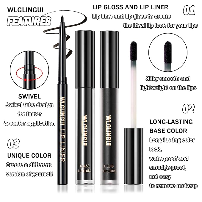 3Pcs Black Matte Liquid Lipstick and Lip Liner Long