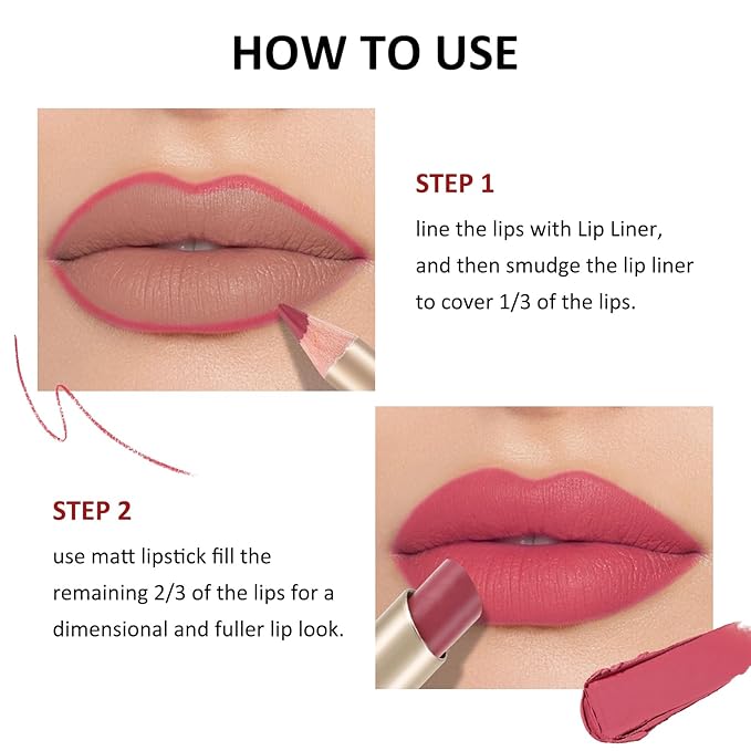 Boobeen 2 Pcs Lip Liner and Lipstick Set, Ultra-Long-Lasting