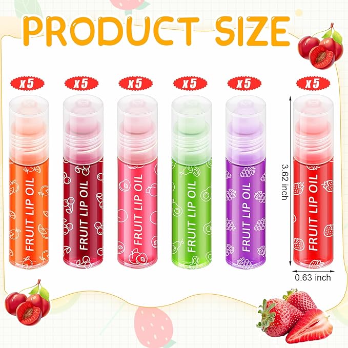 30 Pcs Roll on Lip Gloss Glossy Fruit Lip Oil Clear Flavored Lip Make up Party Gifts, Assortment Set(Fruity)