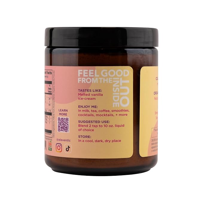 Eleven TLC, Radiant Beauty Boosting Grassfed Vanilla Collagen Peptides Superfood Latte, Beauty Collagen, Vanilla Protein Powder, Non-reactive Glass Jar, MD Formulated