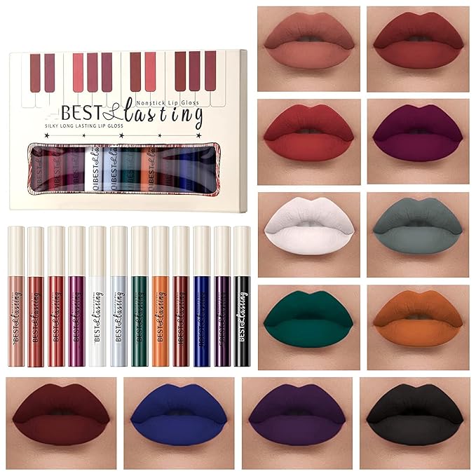 12PCS Matte Liquid Lipstick Set Non-Stick Cup and Not Fade Pigmented Lipstick Long-Lasting Waterproof Velvet Lipgloss Kit Makeup Gift for Girls and Women (Set 02)