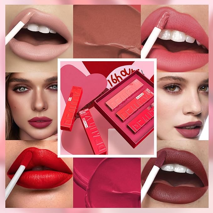3 Colors Matte Liquid Lipstick Set, Velvet Smooth Nude Lip Gloss, Waterproof Moisturizing Long Lasting Highly Pigmented Matte Lip Stain with Gift Box (A)