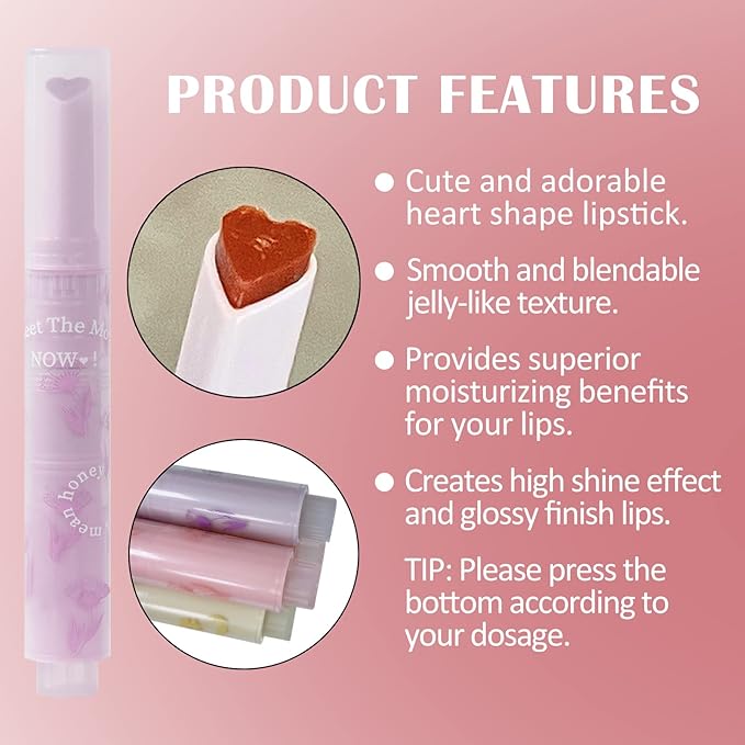 3Pcs Jelly Lipstick, Tinted Lip Gloss Heart Shape Lip Glaze, Moisturizing and Hydrating Glossy Lip Gloss Lip Balm, High-shine Finish Lip Makeup Lip Pen for Nourished, Fuller-looking Lips
