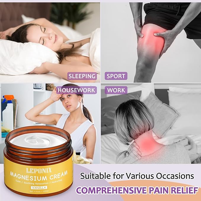 LEPONIX Magnesium Cream for Sleep - Topical Magnesium Lotion for Muscle Relaxation, Leg Cramps, Pain Relief & Better Sleep, Soothing Magnesium Body Butter for Adults & Kids (120ml, Vanilla)