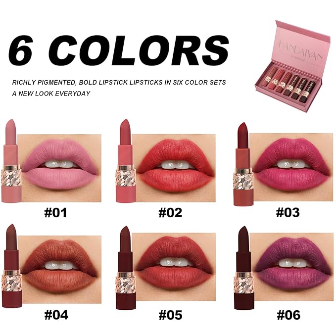 6 Colors Nude Lipstick, Matte Velvet Smooth Solid Long