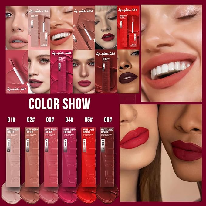 6 Colors Matte Liquid Lipstick Set, Velvet Smooth Gloss,