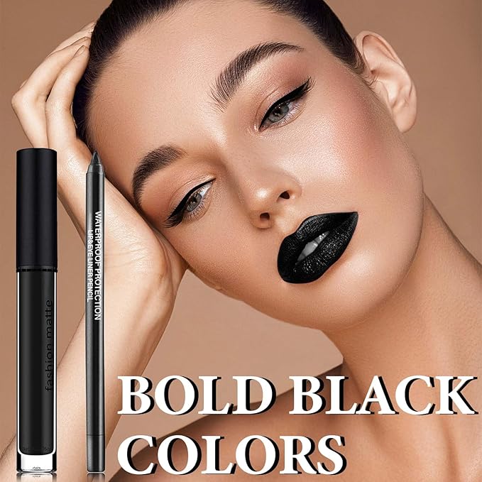 Black Matte Liquid Lipstick,2 Pcs Lip Liner Gloss