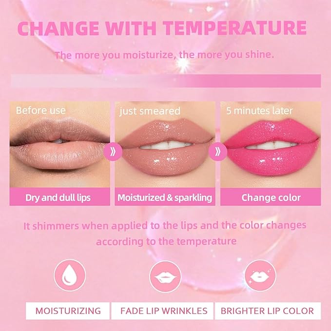 2024 New Magic Color Changing Lip Oil PH,Warm Change Glitter Lip Gloss, Color Changing Lip Oil V2, Color Changing Lip Gloss, Moisturizing Plumping Clear Lips Oil Tinted Lip Plumper Lips Care