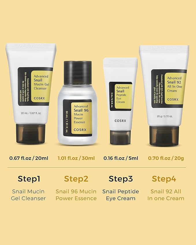 COSRX All About Snail Mucin Korean Skin Care Set, Mini Travel Essentials, Mothers Day Gifts for Mom, Travel Size Gift Set with Snail Mucin Face Wash, Serum, Moisturizer & Eye Cream, Rejuvenating Kit