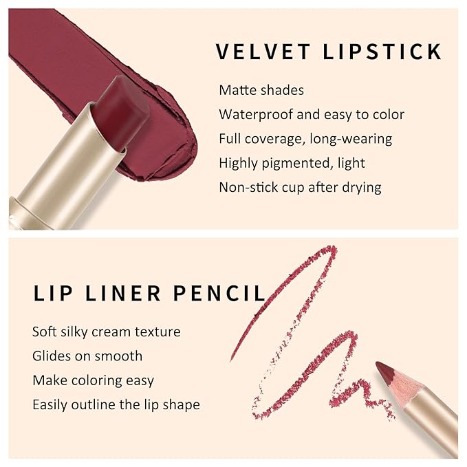 Boobeen 2 Pcs Lip Liner and Lipstick Set, Ultra-Long-Lasting