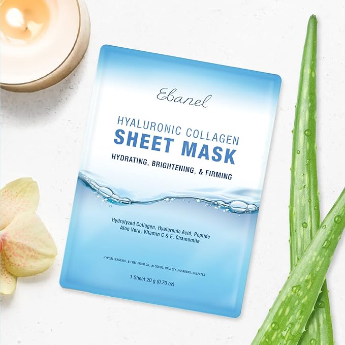 Ebanel 15 Pack Collagen Peptide Hydrating Face Masks, Instant Brightening Firming Anti Aging Face Sheet Masks, Moisturizing Spa Facial Mask Skincare with Hyaluronic Acid, Vitamin C, Chamomile, Aloe