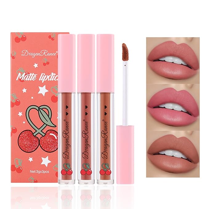 3PCS Matte Nude Lipstick Set Liquid Lipstick Lip Gloss Set,Matte Velvety Lip Stick High Pigmented Lip Tint Lip Stain Set for Daily Makeups - Set C