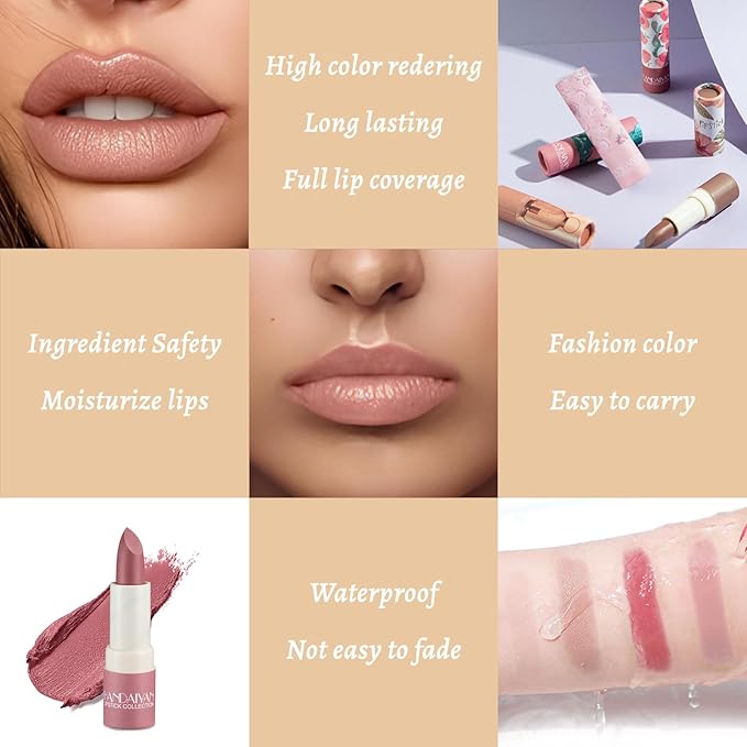 Lipstick for Women 4Pcs,Nude Lipstick Set,Lipstick Long Lasting,Velvet Lipstick