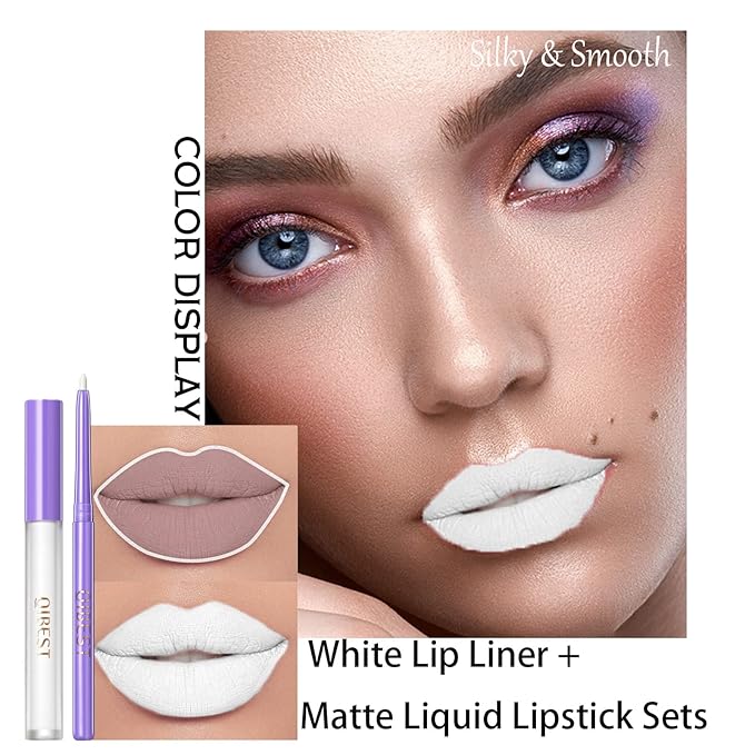 2 Pcs Halloween Dark Matte Liquid Lipstick + Lip Liner Pens Sets, High Pigmented Goth Sexy & Bold Lip Gloss, 24H Waterproof Long-lasting Matte Lipstick Lip Makeup for Women (White)