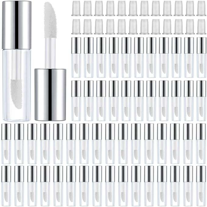 100 Pieces 1.2 ml Clear Mini Lip Gloss Tube Refillable Empty Lip Balm Gloss Containers Bottles Transparent Mini Lipstick Containers for Women Girls DIY Makeup (Silver)