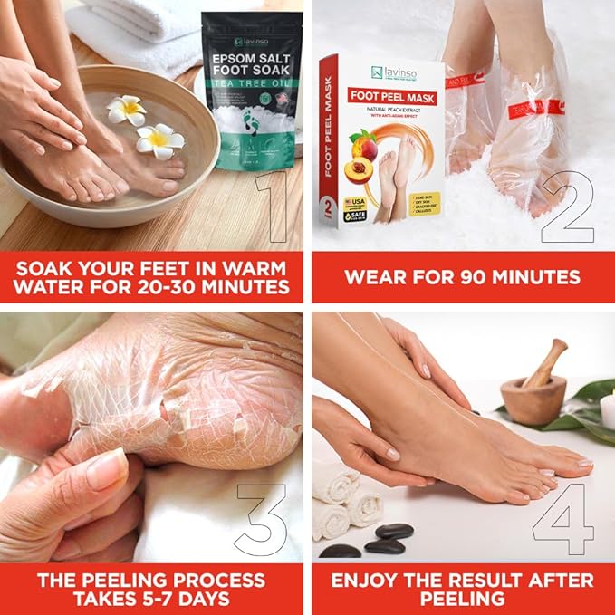 Lavinso Peach Foot Peel Mask for Dry Cracked Feet - 3 Pack - Dead Skin Remover Foot Mask for Cracked Feet and Callus - Exfoliating Feet Peeling Mask for Soft Baby Feet