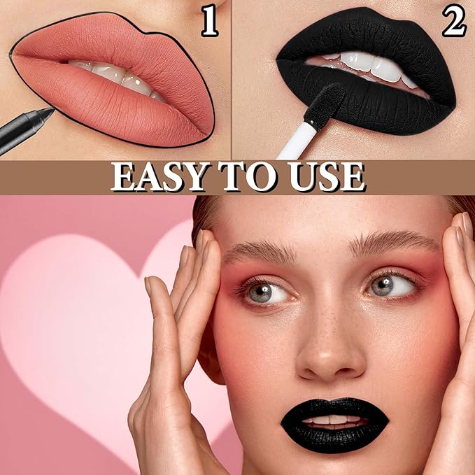 Black Matte Liquid Lipstick,2 Pcs Lip Liner Gloss