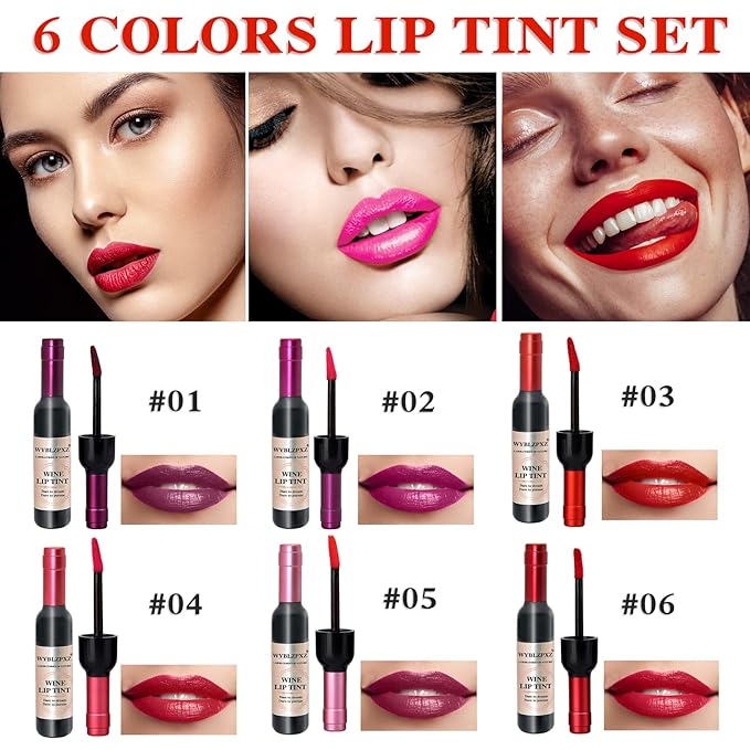 6 Colors Wine Lip Tint,Liquid Wine Lipstick,Wine Tint Long