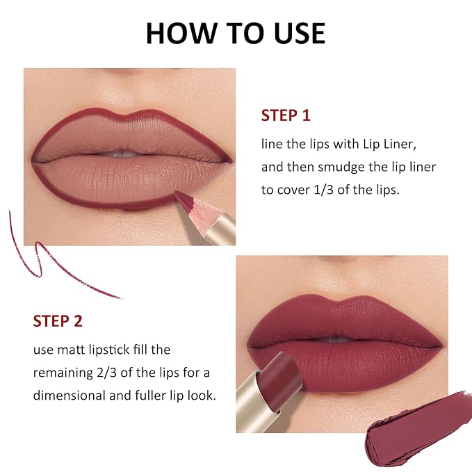 Boobeen 2 Pcs Lip Liner and Lipstick Set, Ultra-Long-Lasting