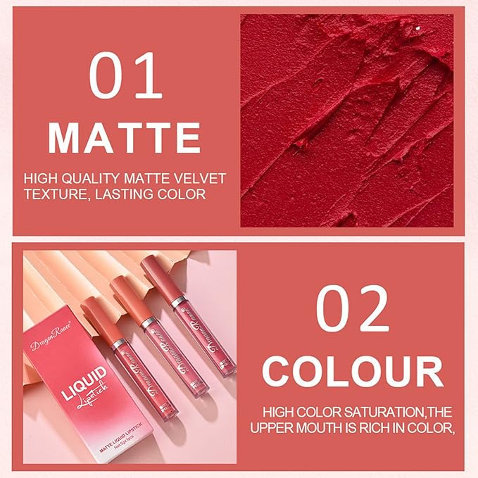 3 Colors Nude Matte Lipstick Set Liquid Lipstick Velvet Nude Pink Lipstick Lip Stain Long Lasting Waterproof,Non-Stick Cup Not Fade Lip Gloss Lipstick for Women Lip Makeup Lip Stick Set A