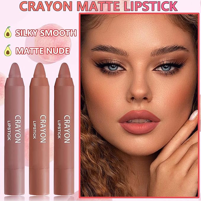 3 Pcs Nude Crayon Lipstick Set,Matte Velvet Lipstick Lip Crayon Nourishing Non-Stick Cup Lip Stain Lip Gloss,Long-lasting Waterproof Lip Stick Lip Makeup for Women(Set B)
