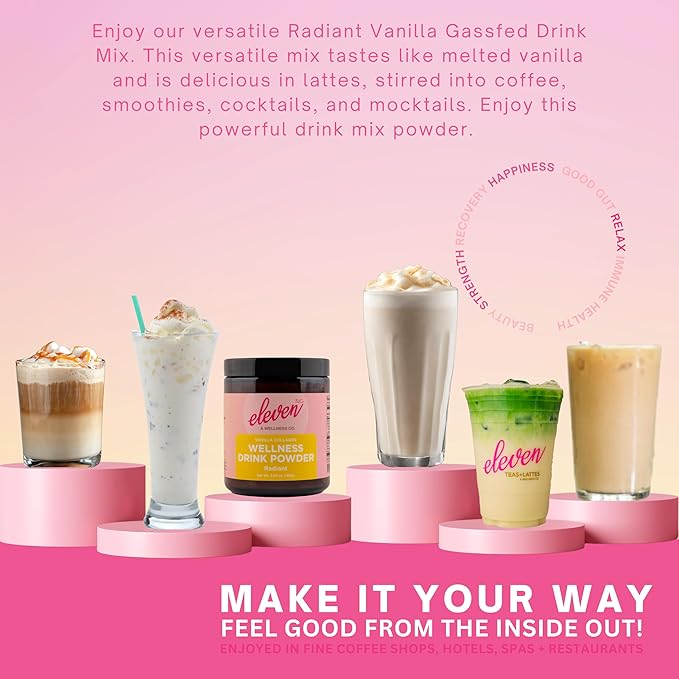 Eleven TLC, Radiant Beauty Boosting Grassfed Vanilla Collagen Peptides Superfood Latte, Beauty Collagen, Vanilla Protein Powder, Non-reactive Glass Jar, MD Formulated