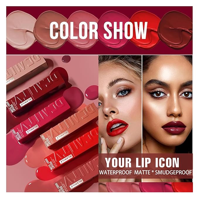 6 Colors Matte Liquid Lipstick Set, Velvet Smooth Gloss,