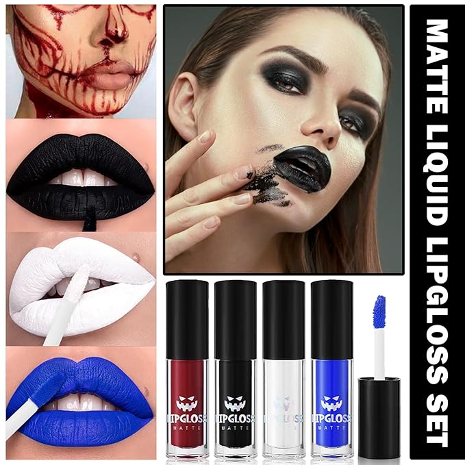 4PCS Black Blue White Liquid Lipstick Halloween Fake Smudge