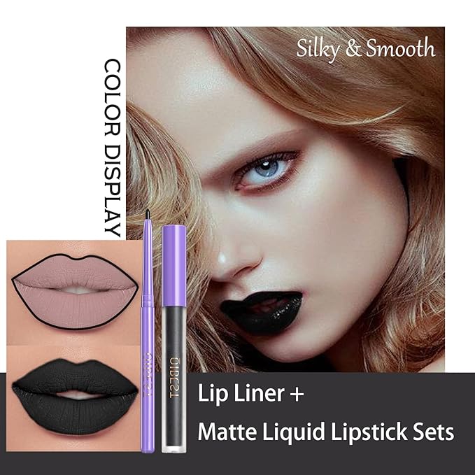 2 Pcs Halloween Dark Matte Liquid Lipstick + Lip Liner Pens Sets, 8 Colors High Pigmented Goth Sexy & Bold Lip Gloss, 24H Waterproof Long-lasting Matte Lipstick , Non-Stick Cup Velvety Lip Makeup for Women (01 Black)