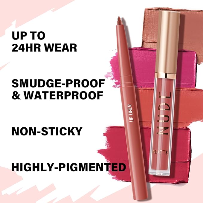 2Pcs Matte Liquid Lipstick and Lip Liner Set,Waterproof Gloss