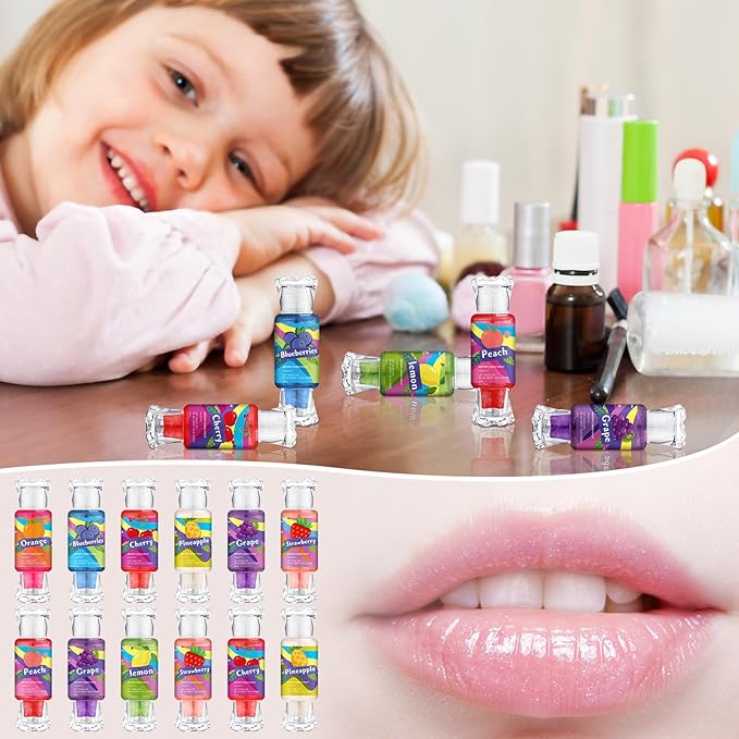 12 Pcs Cute Lip Gloss for Kids, Candy Shape Lip Gloss Set, Fruity Flavored Lip Gloss Set Lip Gloss in Assorted Fruity Flavors, Teen Girls Party Supplies Make-up for Ages 8-12