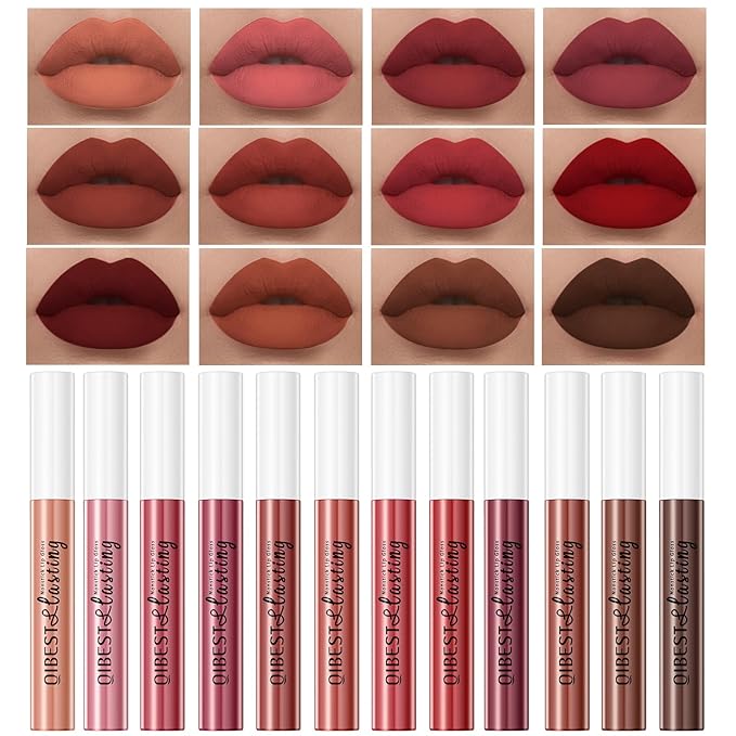 12PCS Matte Liquid Lipstick Set Non-Stick Cup and Not Fade Pigmented Lipstick Long-Lasting Waterproof Velvet Lipgloss Kit Makeup for Girls and Women (Set 03)