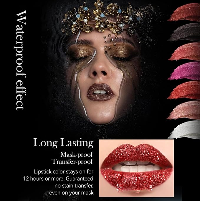 Glitter Lipstick, Women's Diamond Shiny Matte Lip Gloss, Glitter
