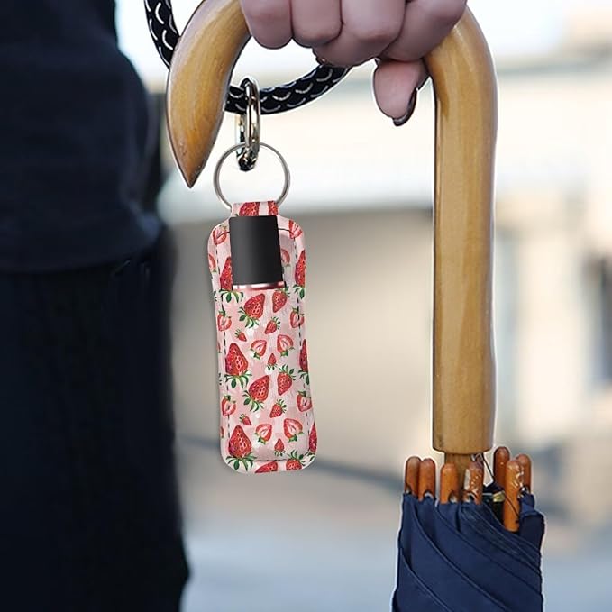 Horeset Pink Strawberry Print Chapstick Holder Keychain Lipstick, Lightweight