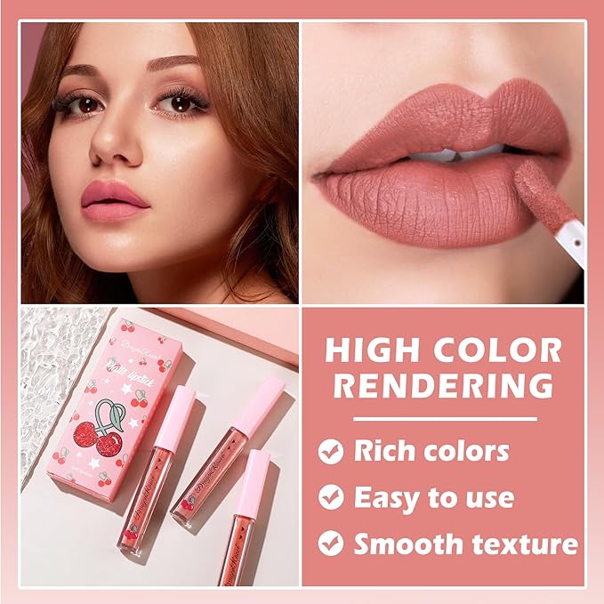 3PCS Matte Nude Lipstick Set Liquid Lipstick Lip Gloss Set,Matte Velvety Lip Stick High Pigmented Lip Tint Lip Stain Set for Daily Makeups - Set C