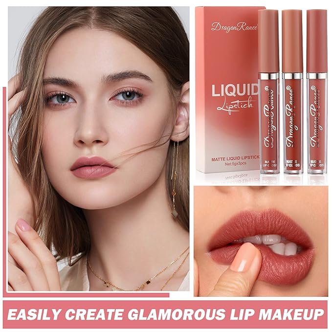 3 Colors Nude Matte Lipstick Set Liquid Lipstick Velvet Nude Pink Lipstick Lip Stain Long Lasting Waterproof,Non-Stick Cup Not Fade Lip Gloss Lipstick for Women Lip Makeup Lip Stick Set B
