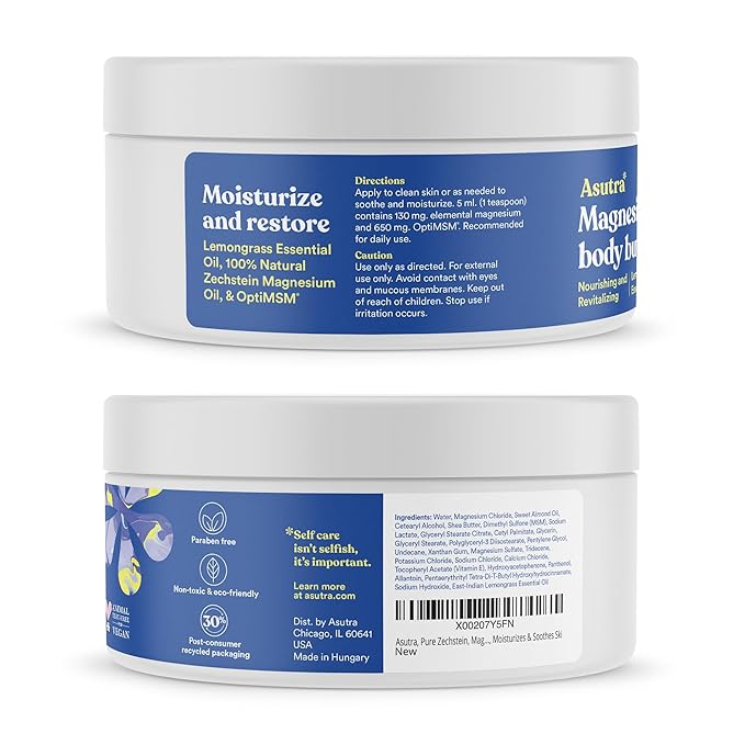 ASUTRA Magnesium Body Butter Lotion, 6.76 oz (Pack of 2), Soothing Shea Butter & Almond Oil Moisturizer, Premium-Quality Magnesium Oil, Lemongrass Essential Oil