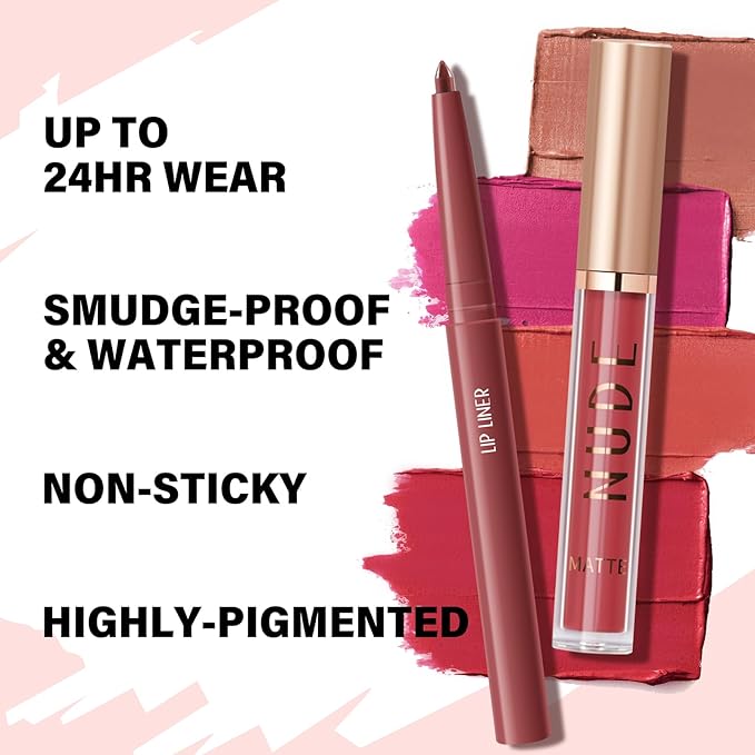 2Pcs Matte Liquid Lipstick and Lip Liner Set,Waterproof Gloss