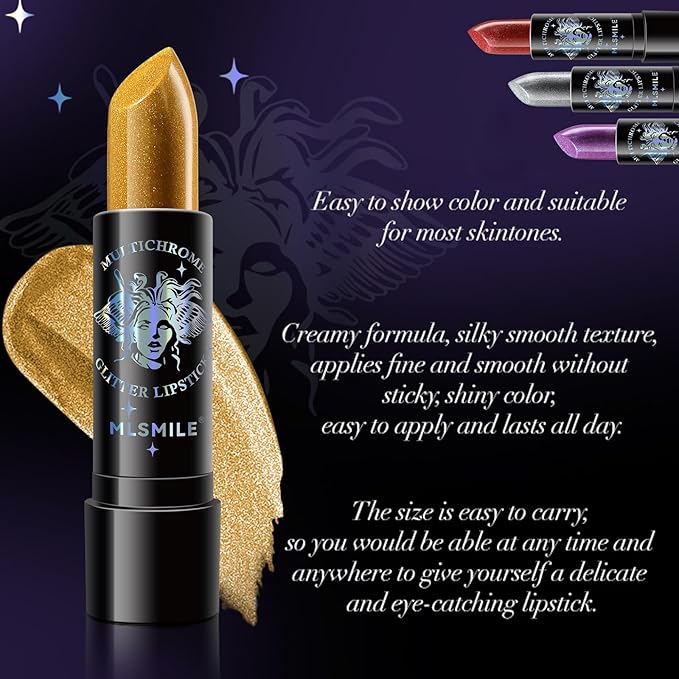 Glitter Lipstick, Pearlized Shimmering Metallic Lip Color, Moisturizing Glitter