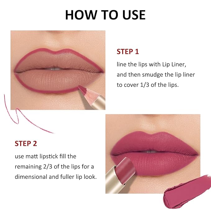 Boobeen 2 Pcs Lip Liner and Lipstick Set, Ultra-Long-Lasting