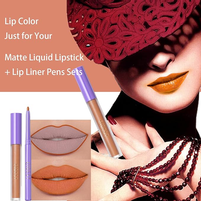 2 Pcs Halloween Dark Matte Liquid Lipstick + Lip Liner Pens Sets, 8 Colors High Pigmented Goth Sexy & Bold Lip Gloss, 24H Waterproof Long-lasting Matte Lipstick , Non-Stick Cup Velvety Lip Makeup for Women (Orange)